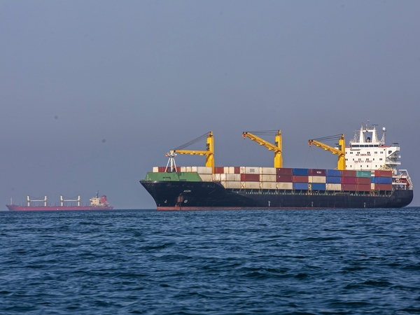 Ships anchored on May 16, 2026 in the Strait of Hormuz near Larak Island, Iran. (Photo by Majid Saeedi/Getty Images)