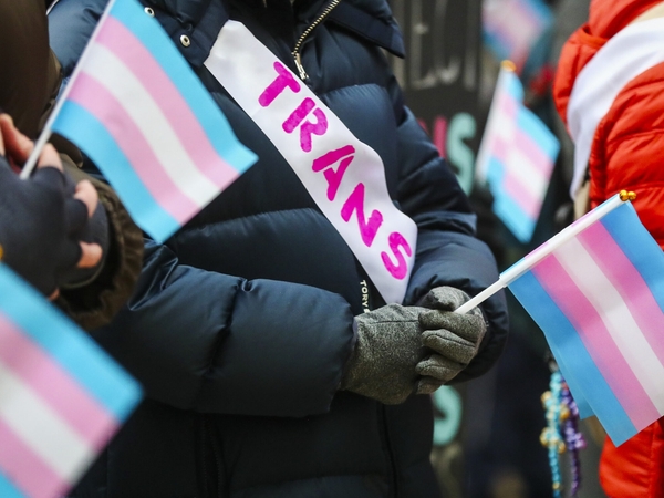 Advocates for transgender rights rallied outside the Statehouse in Trenton, New Jersey, on Jan. 5, 2026, to demand lawmakers pass a bill that would protect gender-affirming care in New Jersey. (Photo by Dana DiFilippo / New Jersey Monitor)
