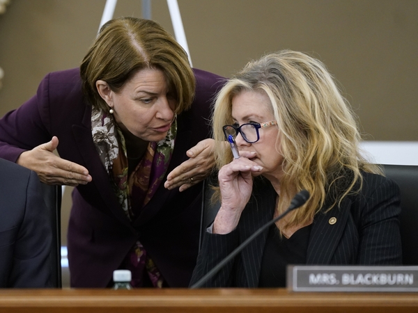 Sen. Amy Klobuchar, D-Minn., left, and Sen. Marsha Blackburn, R-Tenn., are among the record number of women running for governor this year. In this photo, they speak during a Senate subcommittee hearing on Capitol Hill on Sept. 30, 2021 in Washington, DC. (Photo by Patrick Semansky-Pool/Getty Images)