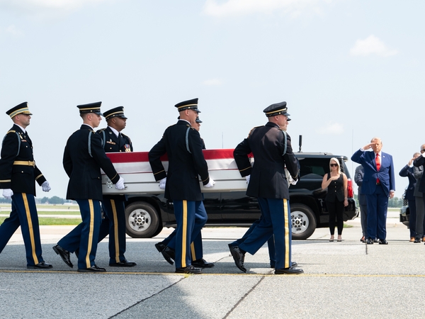 Soldiers at Dover Air Force Base in Delaware carry Army 1st Lt. Tyler James Feehan, who died July 18, 2026, from injuries suffered during an enemy attack on July 17, 2026, at Muwaffaq Salti Air Base, Jordan, on July 22, 2026. (Photo by Jason Minto/U.S. Air Force)