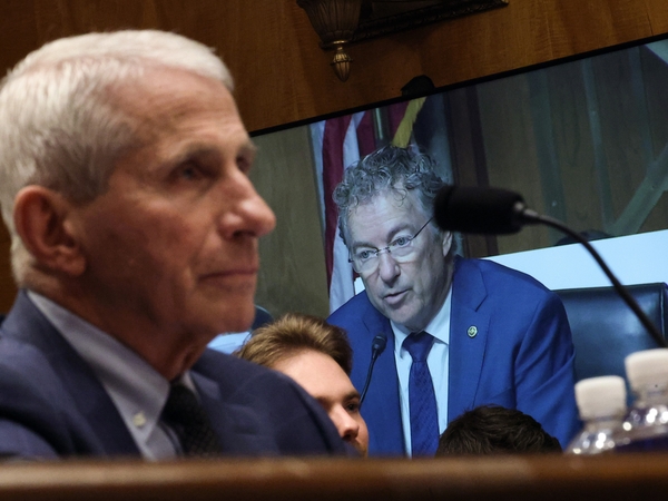 U.S. Sen. Rand Paul, R-Ky., is shown on a monitor as Dr. Anthony Fauci, left, testifies before the Senate Homeland Security and Governmental Affairs Committee on July 29, 2026 in Washington, D.C. (Photo by Kevin Dietsch/Getty Images)