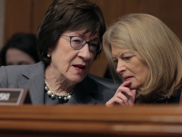 Senate Health, Education, Labor and Pensions Committee members Sen. Susan Collins (R-ME) (L) and Sen. Lisa Murkowski (R-AK) talk during the confirmation hearing for Lori Chavez-DeRemer, President Donald Trump’s pick to lead the Labor Department, in the Dirksen Senate Office Building on Capitol Hill on February 19, 2025 in Washington, DC. A former Republican member of Congress from Oregon, Chavez-DeRemer was questioned about her co-sponsorship for the pro-union Protecting the Right to Organize Act, which may