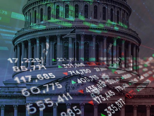A photo illustration shows stock tickers overlaid on the U.S. Capitol