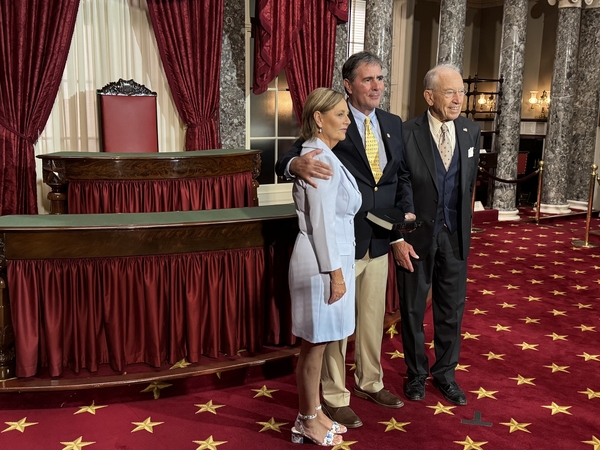 Darline Graham, left, South Carolina's interim U.S. senator, participates in a reenactment of her swearing-in at the U.S. Capitol on July 14, 2026, alongside her husband, Larry Nordone, and Iowa GOP Sen. Chuck Grassley, president pro tempore of the Senate. (Photo by Shauneen Miranda/States Newsroom