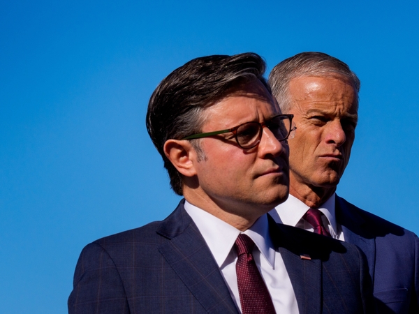 Republicans in Congress are quarreling on social media and rebelling on the House floor as they try to pass legislation prior to the November midterm elections and keep their majority. In this photo,  Speaker of the House Mike Johnson, R-La., left,  and Senate Majority Leader John Thune, R-S.D., appear at a news conference on the Upper West Terrace of U.S. Capitol Building on Oct. 1, 2025. (Photo by Andrew Harnik/Getty Images)