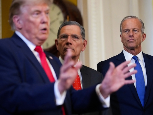 President Donald Trump speaks to the media as Senate Majority Whip John Barrasso, R-Wyo., and Senate Majority Leader John Thune, R-S.D., look on after a meeting at the U.S. Capitol on June 24, 2026 in Washington, D.C. (Photo by Andrew Harnik/Getty Images)