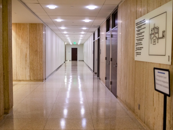The hallway to immigration court in the Henry Whipple Federal Building in Minneapolis Thursday, April 9, 2026. (Photo by Nicole Neri/Minnesota Reformer)