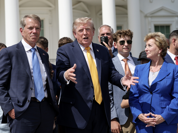 President Donald Trump and Secretary of Education Linda McMahon show off the White House helipad construction on the South Lawn of the White House after an event in the Rose Garden of the White House on August 24, 2026 in Washington, DC. The multimillion-dollar granite helipad is designed to accommodate Marine One helicopters and is slated for completion in 2026. (Photo by Win McNamee/Getty Images)