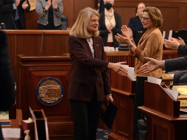 Sen. Lisa Murkowski, R-Alaska, said on Aug. 7, 2026, she will oppose the nomination of Todd Blanche as U.S. attorney general. In this photo, she shakes hands with members of the Alaska Legislature on Feb. 15, 2024, following her annual address in the state Capitol. (Photo by James Brooks/Alaska Beacon)
