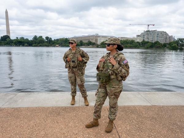 Pfc. Jorden Edlin, left, and U.S. Army Spc. Kaliyah Johnson, right, with the Mississippi National Guard ,assigned to Joint Task Force-District of Columbia in support of the DC Safe and Beautiful mission, patrol at the Thomas Jefferson Memorial in Washington, D.C., on Aug. 2, 2026. (Photo by Photo by Sgt. Alex Lopez/Joint Task Force DC)