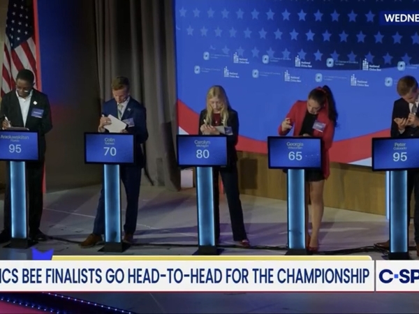 Finalists in the National Civics Bee championship on Oct. 14, 2026, work on their answers to a question about gerrymandering. (Screenshot courtesy of C-SPAN)