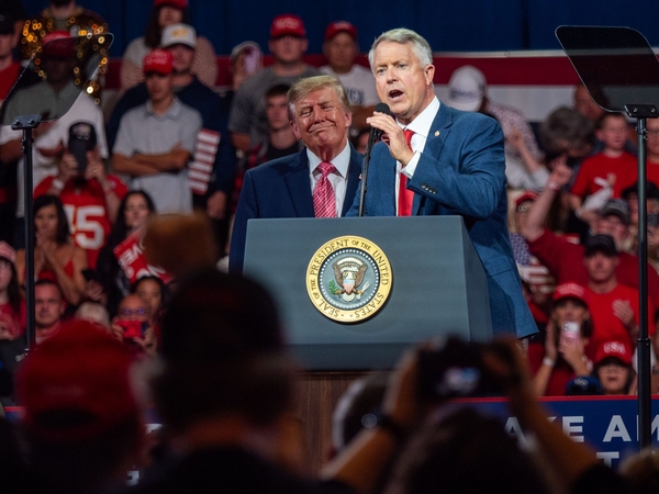 U.S. Sen. Roger Marshall, R-Kansas, speaks alongside President Donald Trump during an Oct. 19, 2026, rally at Heartland Credit Union Arena in Park City, Kansas. (Photo by Sherman Smith/Kansas Reflec