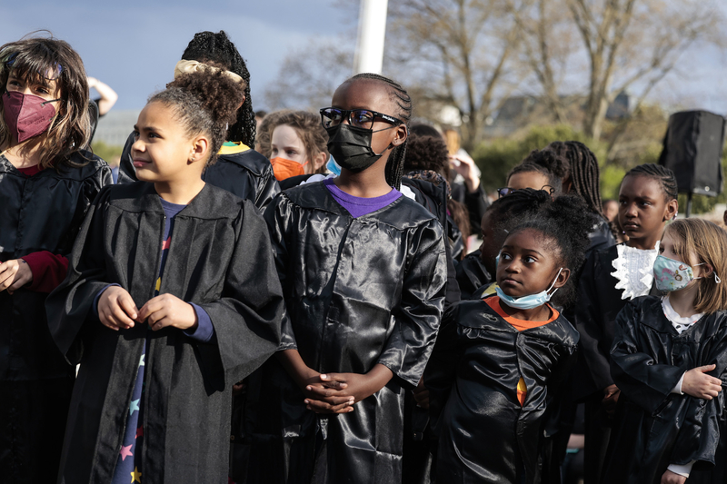 Girls dressed as Judge Ketanji Brown Jackson attend a rally to celebrate the U.S. Senate's confirmation vote for Judge Ketanji Brown Jackson in front of the U.S. Supreme Court Building on April 8, 2022 in Washington, D.C. Justice Jackson took the Constitutional Oath of the Supreme Court on Thursday, June 30, 2022. (Photo by Anna Moneymaker/Getty Images)