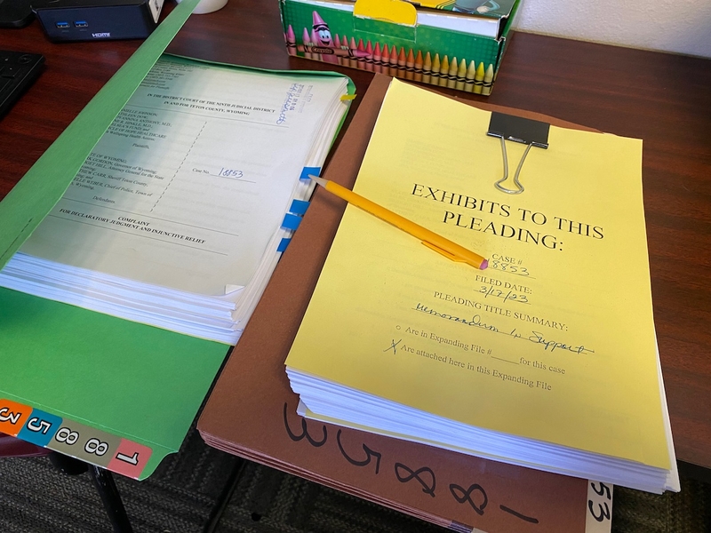 The file for the lawsuit challenging Wyoming's new abortion-ban law grew larger on Tuesday with the filing of dozens of pages of new pleadings. (Angus M. Thuermer, Jr./WyoFile)
