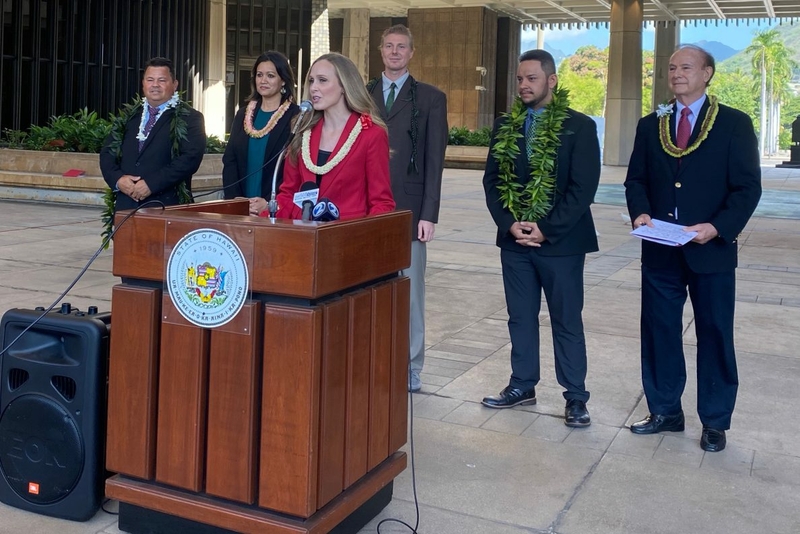 Members of the House Republican caucus at a press conference at at the Capitol Rotunda in January. They are, from left, Reps. David Alcos III, Kanani Souza, Lauren Matsumoto, Elijah Pierick, Diamond Garcia and Gene Ward. (Chad Blair/Civil Beat/2023)