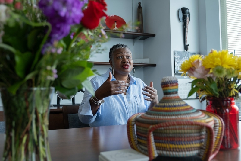 Chief Public Defender TaShun Bowden-Lewis speaks with The Connecticut Mirror while sitting in her Hartford office. "There have been a lot of ups and downs in regards to how people perceive me and what I'm trying to do to help the clients, the communities that we serve," she recently said. SHAHRZAD RASEKH / CT MIRROR
