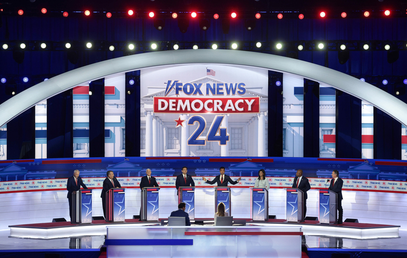 Republican presidential candidates (L-R), former Arkansas Gov. Asa Hutchinson, former New Jersey Gov. Chris Christie, former U.S. Vice President Mike Pence, Florida Gov. Ron DeSantis, Vivek Ramaswamy, former U.N. Ambassador Nikki Haley, U.S. Sen. Tim Scott (R-S.C.) and North Dakota governor Doug Burgum participate in the first debate of the GOP primary season hosted by FOX News at the Fiserv Forum on August 23, 2023 in Milwaukee, Wisconsin. (Photo by Win McNamee/Getty Images)