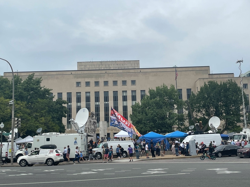 Media camped out in front of the E. Barrett Prettyman U.S. Courthouse in Washington, D.C., prior to the arraignment of former President Donald Trump, on Aug. 3, 2023. (Ariana Figueroa/States Newsroom)