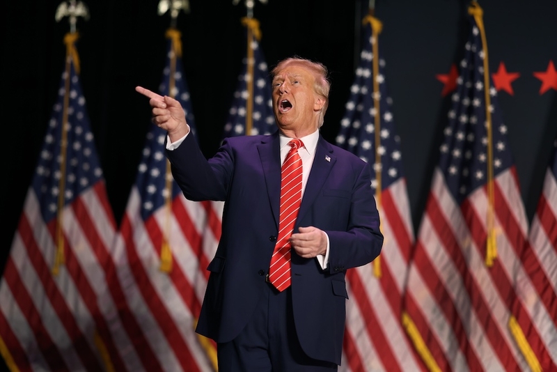 Republican presidential candidate former U.S. President Donald Trump arrives for a campaign event at the Orpheum Theater on Oct. 29, 2023 in Sioux City, Iowa. Experts argue that election deniers will be even more effective this time at sowing disinformation if their candidate loses on election night. (Photo by Scott Olson/Getty Images)
