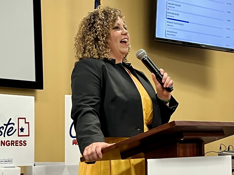 Celeste Maloy thanks the crowd at a Republican results party in West Valley City, Utah, after being declared the winner of a special election to fill Utah’s 2nd Congressional District seat in the U.S. House of Representatives on Tuesday, Nov. 21, 2023. (McKenzie Romero/States Newsroom)