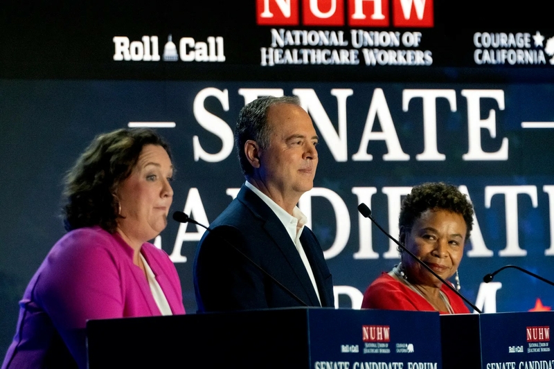 Reps. Katie Porter, Adam Schiff and Barbara Lee (from left) during a U.S. Senate candidate forum hosted by the National Union of Health Care Workers in Los Angeles on Oct. 8, 2023. Photo by Richard Vogel, AP Photo