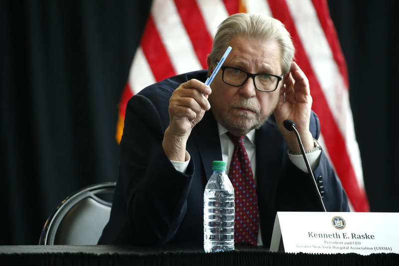 Greater New York Hospital Association President Kenneth Raske discusses the construction of a field hospital at the Jacob K. Javits Convention Center in March 2020. | John Lamparski / NurPhoto via Alamy