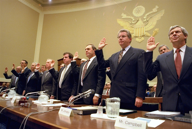 The heads of the nation’s largest tobacco companies at a 1994 congressional hearing about the contents of cigarettes. The success of state litigation against the tobacco industry helped transform the role of attorneys general.