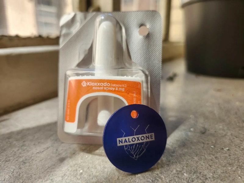 Naloxone nasal spray comes in a few different brands. This is a Klaxxado 8 mg naloxone spray. Meanwhile, the Narcan 4 mg spray has been approved for over-the-counter sales. This particular package came from the Naloxone Project. (Madelyn Beck/WyoFile)