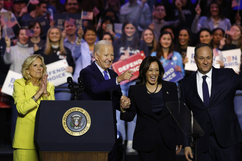 First lady Jill Biden, President Joe Biden, Vice President Kamala Harris and second gentleman Douglas Emhoff held a reproductive rights rally in Virginia on Jan. 23, 2024. Biden ended his reelection bid on Sunday and endorsed Harris as his successor. (Anna Moneymaker/Getty Images)