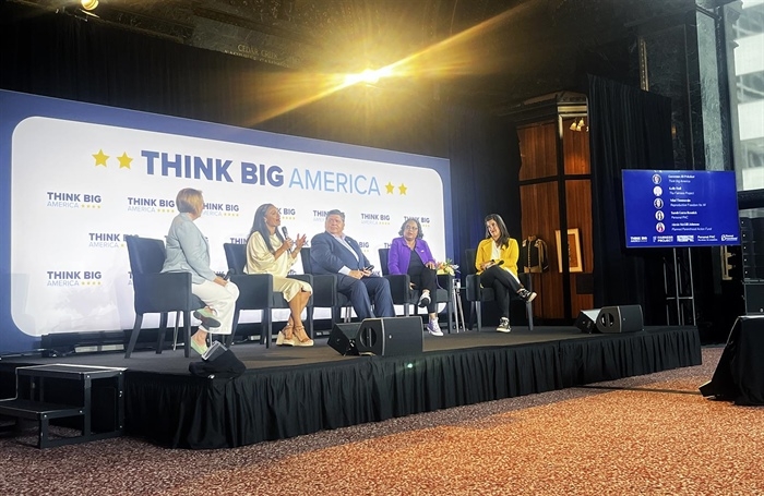 Planned Parenthood Action Fund CEO Alexis McGill Johnson (second from left) speaks at an event put on by Think Big America, a progressive political action organization launched by Gov. JB Pritzker (center) last year. The panel also included Kelly Hall of The Fairness Project (left), Mini Timmaraju of Reproductive Freedom for All and Sarah Garza Resnick of Personal PAC (right). (Capitol News Illinois photo by Hannah Meisel)
