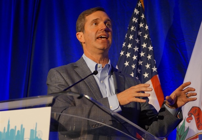 Kentucky Gov. Andy Beshear, a Democratic governor from a red state, speaks to the Illinois delegation to the Democratic National Convention in Chicago on Thursday. (Capitol News Illinois photo by Peter Hancock)