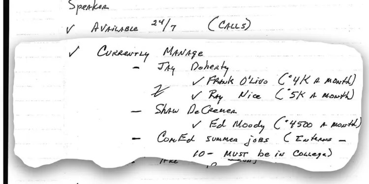 Excerpts from a handwritten note detailing “assignments” longtime Springfield lobbyist Mike McClain did for Illinois House Speaker Michael Madigan after McClain’s official retirement in late 2016. A federal jury saw the list on Monday along with other items seized from McClain’s home in a May 2019 FBI search. (Capitol News Illinois illustration by Jerry Nowicki from court documents)