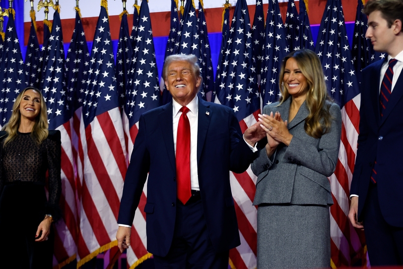 President-elect Donald Trump on stage with former first lady Melania Trump during an election night event at the Palm Beach Convention Center on Nov. 6, 2024 in West Palm Beach, Florida. (Photo by Chip Somodevilla/Getty Images)