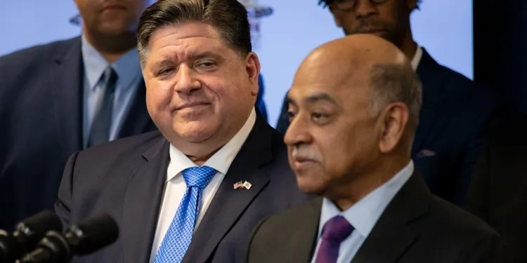 Gov. JB Pritzker watches as IBM CEO Arvind Krishna describes his company’s plan to set up a state-of-the-art quantum computer at the Illinois Quantum and Microelectronics Park on Chicago’s South Side. (Capitol News Illinois photo by Andrew Adams)
