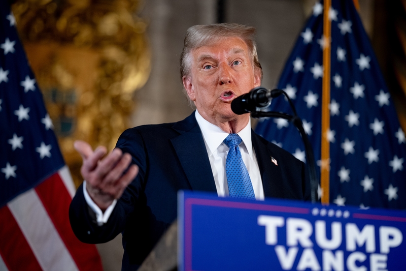 U.S. President-elect Donald Trump speaks at a news conference at Trump's Mar-a-Lago resort on Dec. 16, 2024 in Palm Beach, Florida. (Photo by Andrew Harnik/Getty Images)