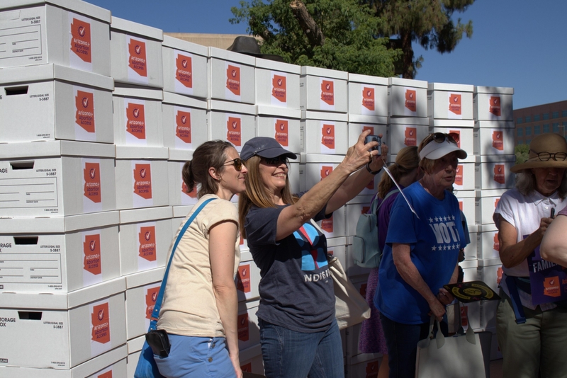 Arizona abortion-rights supporters turned in more than half a million signatures for a ballot petition in July 2024 that succeeded in November. Voters in the state approved Proposition 139 and voted for President-elect Donald Trump. (Gloria Rebecca Gomez/Arizona Mirror)