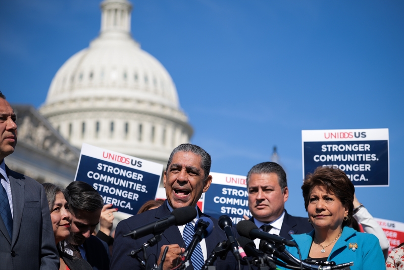 U.S. Rep. Adriano Espaillat, D-N.Y., speaks during a Congressional Hispanic Caucus news conference at the House Triangle on Feb. 26, 2025, in Washington, D.C.  (Photo by Kayla Bartkowski/Getty Images)