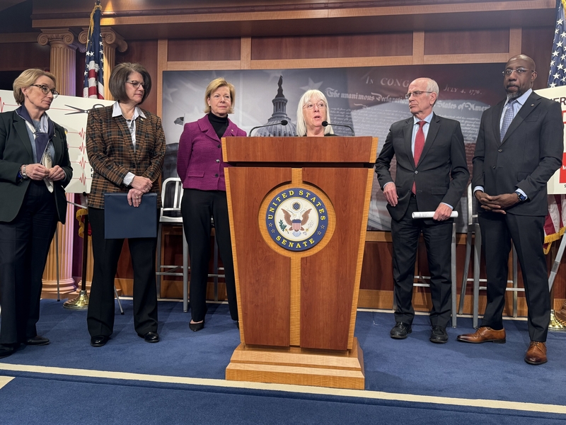 From left, Democratic U.S. Sens. Maggie Hassan of New Hampshire, Catherine Cortez Masto of Nevada, Tammy Baldwin of Wisconsin, Patty Murray of Washington state, Peter Welch of Vermont and Raphael Warnock of Georgia hold a press conference Wednesday, Feb. 19, 2025, at the U.S. Capitol in Washington, D.C. (Photo by Shauneen Miranda/States Newsroom)
