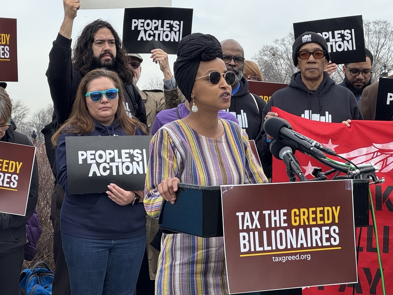 Minnesota Democratic U.S. Rep. Ilhan Omar, who serves as deputy chair of the Congressional Progressive Caucus, speaks at a press conference outside the U.S. Capitol on Feb. 25, 2025, in Washington, D.C. (Photo by Shauneen Miranda/States Newsroom)