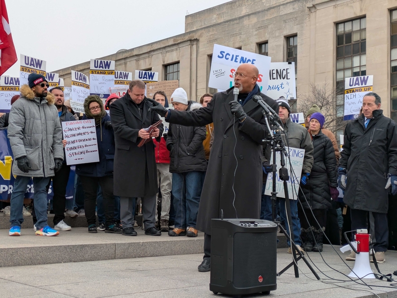 Democratic U.S. Rep. Glenn Ivey of Maryland speaks at a rally in support of federal workers outside the U.S. Department of Health and Human Services in Washington, D.C., on Feb. 19, 2025. (Photo by Ashley Murray/States Newsroom)
