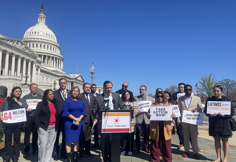 Frankie Miranda, the president of the Hispanic Federation, speaks at a press conference outside the U.S. Capitol on March 25, 2025, with representatives from 130 nonprofits that advocate for Latino communities. (Photo by Ariana Figueroa/States Newsroom)
