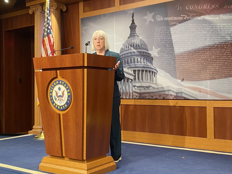 U.S. Sen. Patty Murray, D-Wash., speaks to reporters during a press conference inside the U.S. Capitol building on Thursday, March 27, 2025. Massachusetts Democratic Sen. Ed Markey is also pictured. (Photo by Jennifer Shutt/States Newsroom)