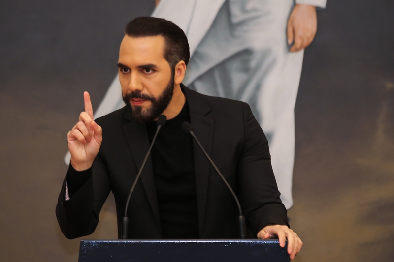 President of El Salvador Nayib Bukele delivers a speech during the first press conference of the year at Casa Presidencial on Jan. 14, 2025, in San Salvador, El Salvador. (Photo by Alex Peña/Getty Images)