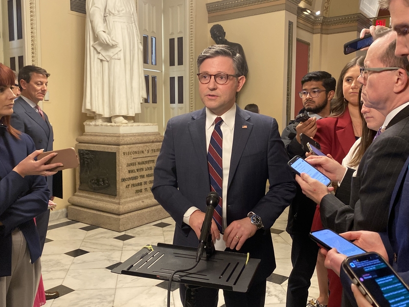 U.S. House Speaker Mike Johnson, R-La., talk with reporters inside the Capitol building on Tuesday, April 1, 2025. (Photo by Jennifer Shutt/States Newsroom)