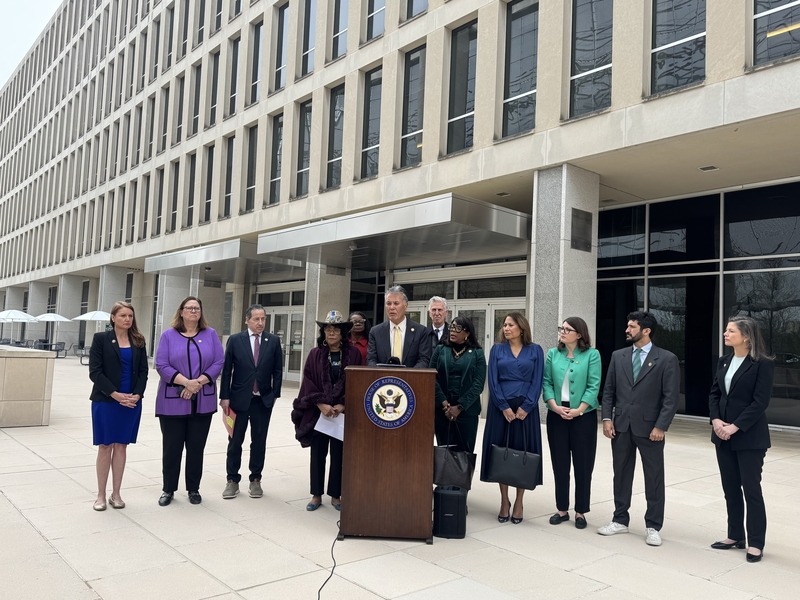 U.S. Rep. Mark Takano, a California Democrat, speaks at a press conference outside the U.S. Department of Education headquarters on Wednesday, April 2, 2025, in Washington, D.C. (Photo by Shauneen Miranda/States Newsroom)