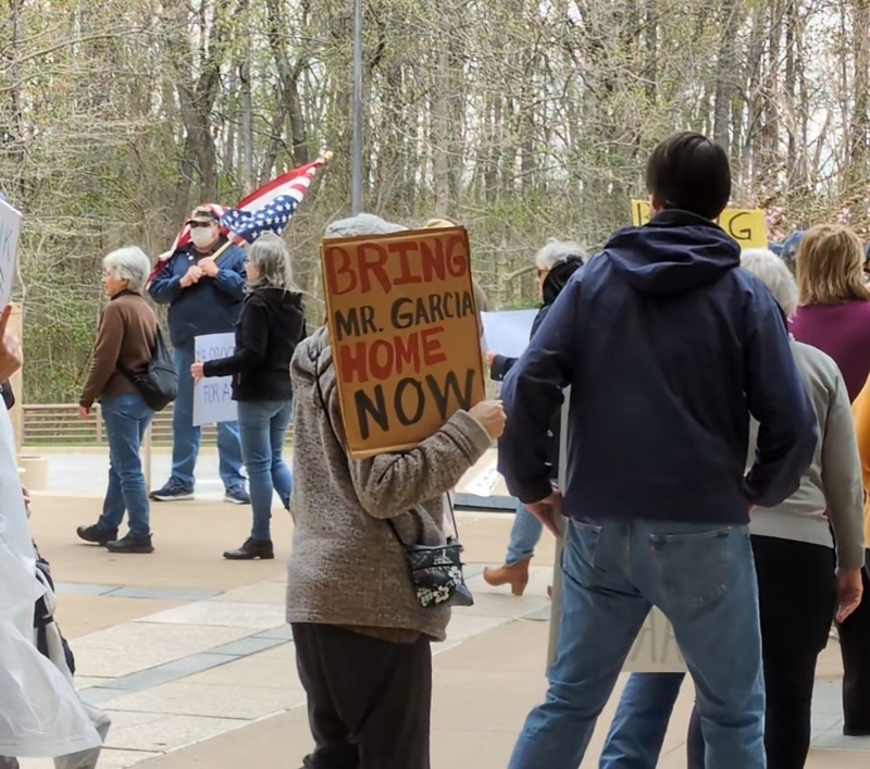 A crowd gathered outside U.S. District Court in Greenbelt, Maryland, on Tuesday, April 10, 2025, to protest the government's erroneous deportation of Kilmar Armando Abrego Garcia, an El Salvadoran national, to a mega-prison in the Central American country. (Photo by Ashley Murray/States Newsroom)