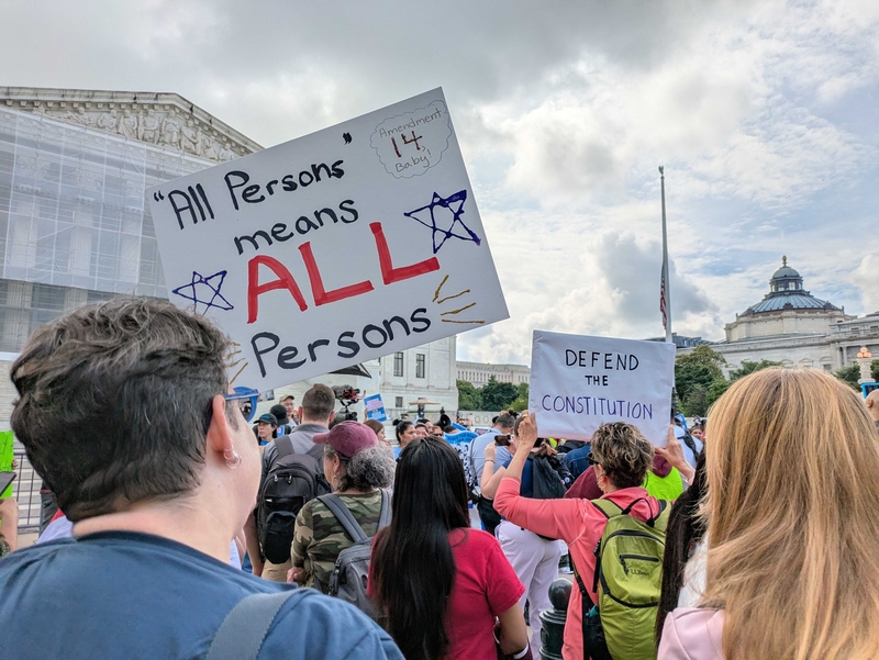 Hundreds gather outside the U.S. Supreme Court on Thursday, May 15, 2025, to protest the Trump administration's effort to strip birthright citizenship from the Constitution. (Photo by Ashley Murray/States Newsroom)