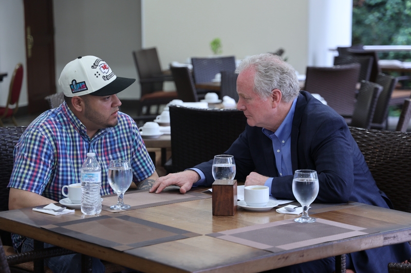 U.S. Sen. Chris Van Hollen, D-Md., right, meets in El Salvador on April 17, 2025, with Kilmar Abrego Garcia, the Maryland resident who was erroneously deported to El Salvador by ICE agents in March. (Photo courtesy Van