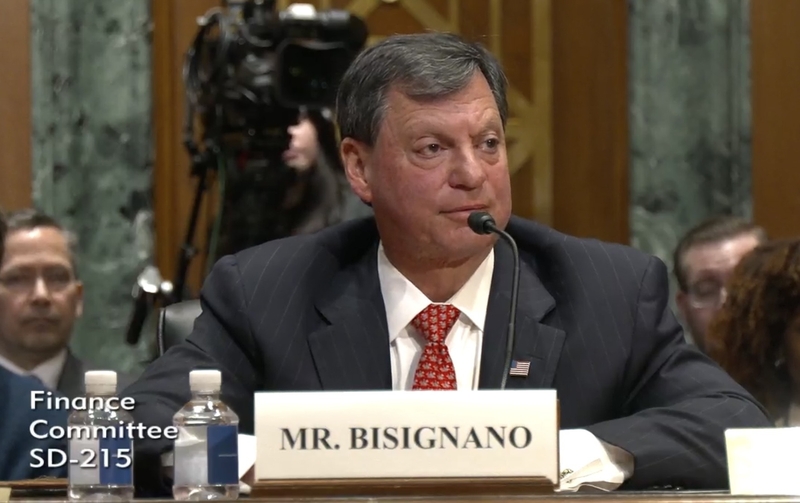 Frank Bisignano, Social Security commissioner nominee, at his Senate Finance Committee confirmation hearing on March 25, 2025. (Senate webcast)