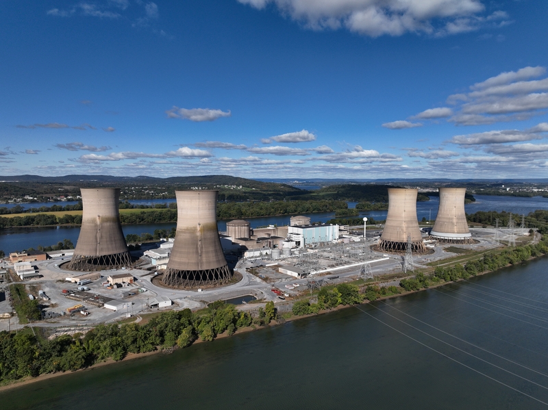 The shuttered Three Mile Island nuclear power plant near Middletown, Pennsylvania, pictured on Oct. 10, 2024. The plant’s owner, Constellation Energy, plans to spend $1.6 billion to refurbish the reactor that it closed five years ago and restart it by 2028 after Microsoft recently agreed to buy as much electricity as the plant can produce for the next 20 years to power its growing fleet of data centers. Nuclear energy is a rare point of agreement for members of both parties, including among state lawmakers.